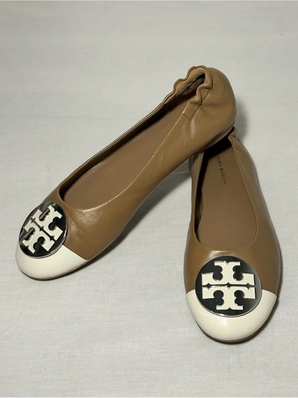Tory Burch Brown and White Logo Cap-Toe Ballet Flats